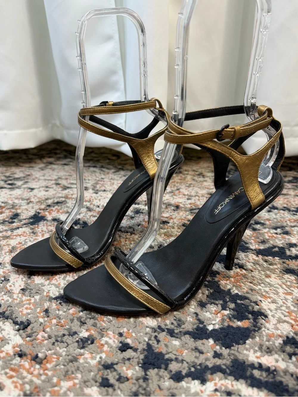 Rebecca Minkoff Black & Metallic Gold Leather Strappy Heeled Sandal Stiletto 7.5